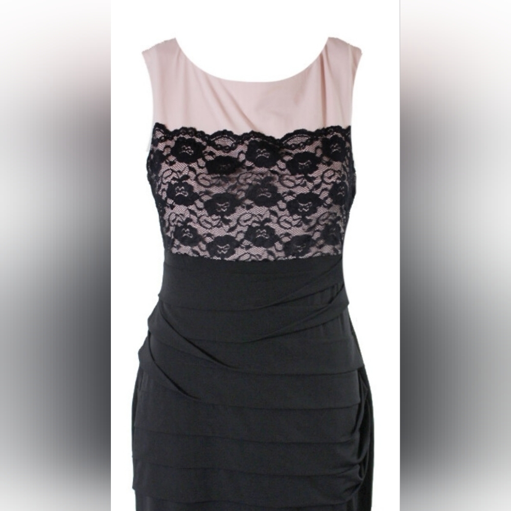 Connected Apparel Pink and Black Lace Midi Dress (Size 6 petite)